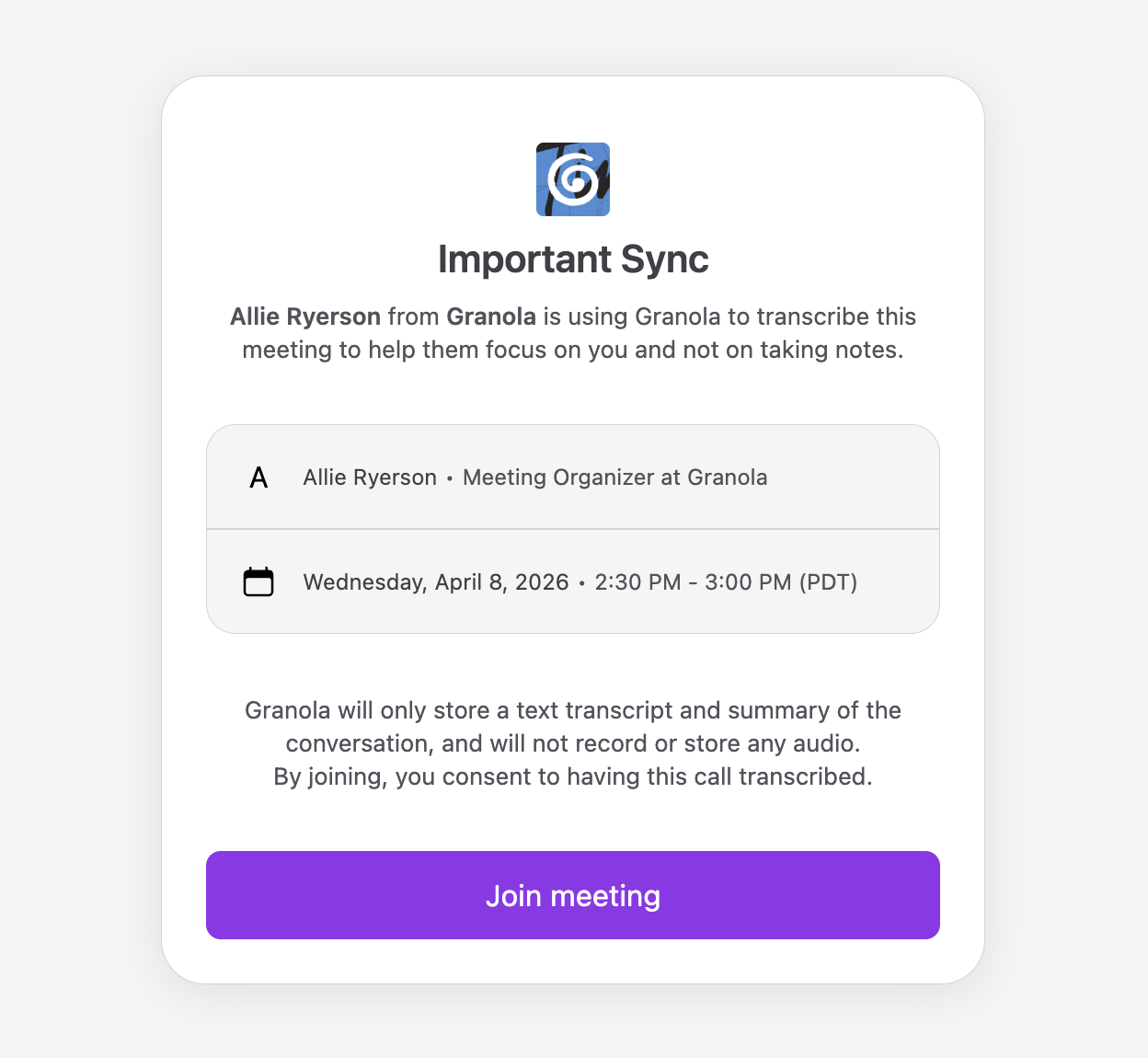 An example confirmation page, showing Test meeting with some meeting details and a Join meeting link.