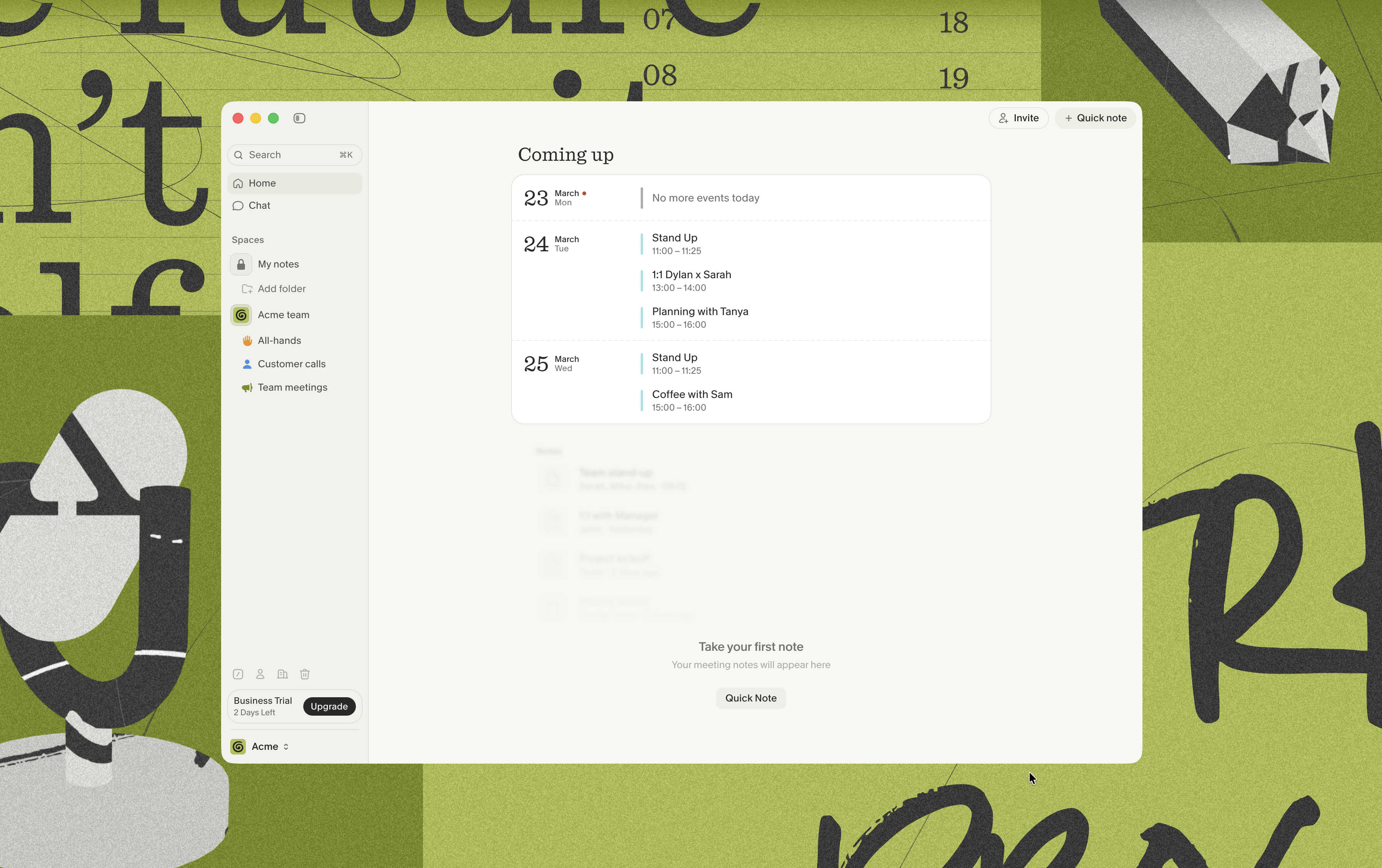 Granola home view with upcoming meetings and the demo note