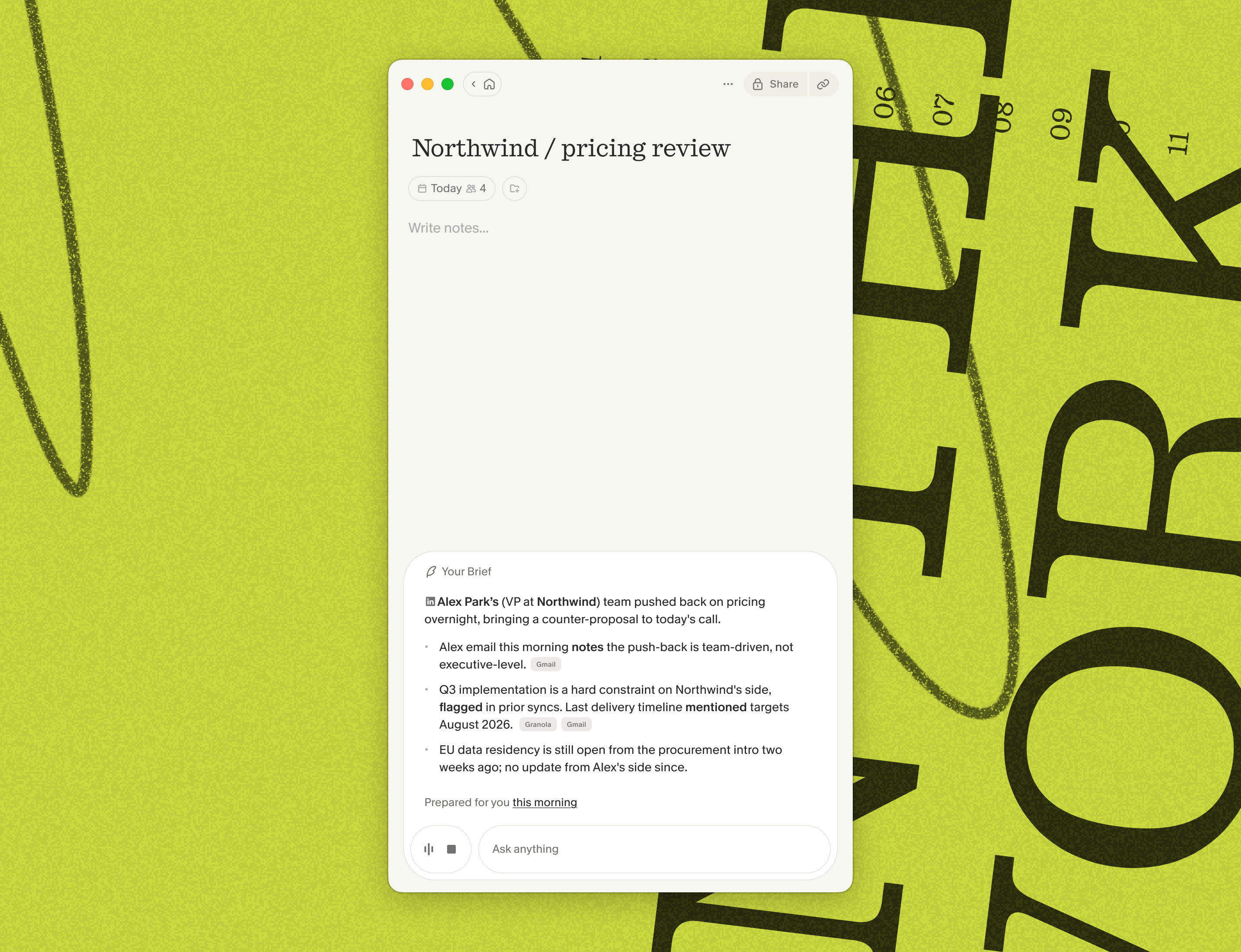 A meeting note titled Northwind / pricing review with a pre-meeting brief in the floating chat panel, showing three bullet points with Gmail and Granola citations.