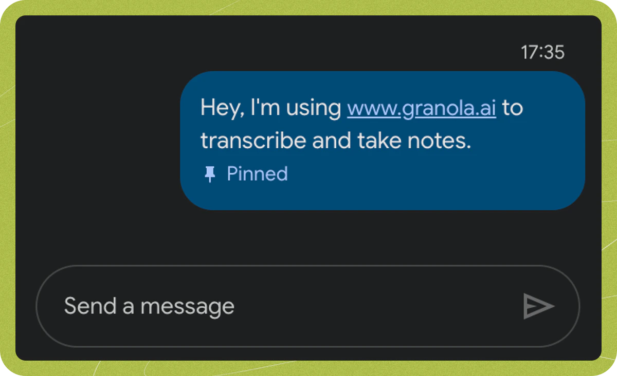 A pinned consent message in Google Meet chat reading Hey, I'm using www.granola.ai to transcribe and take notes.