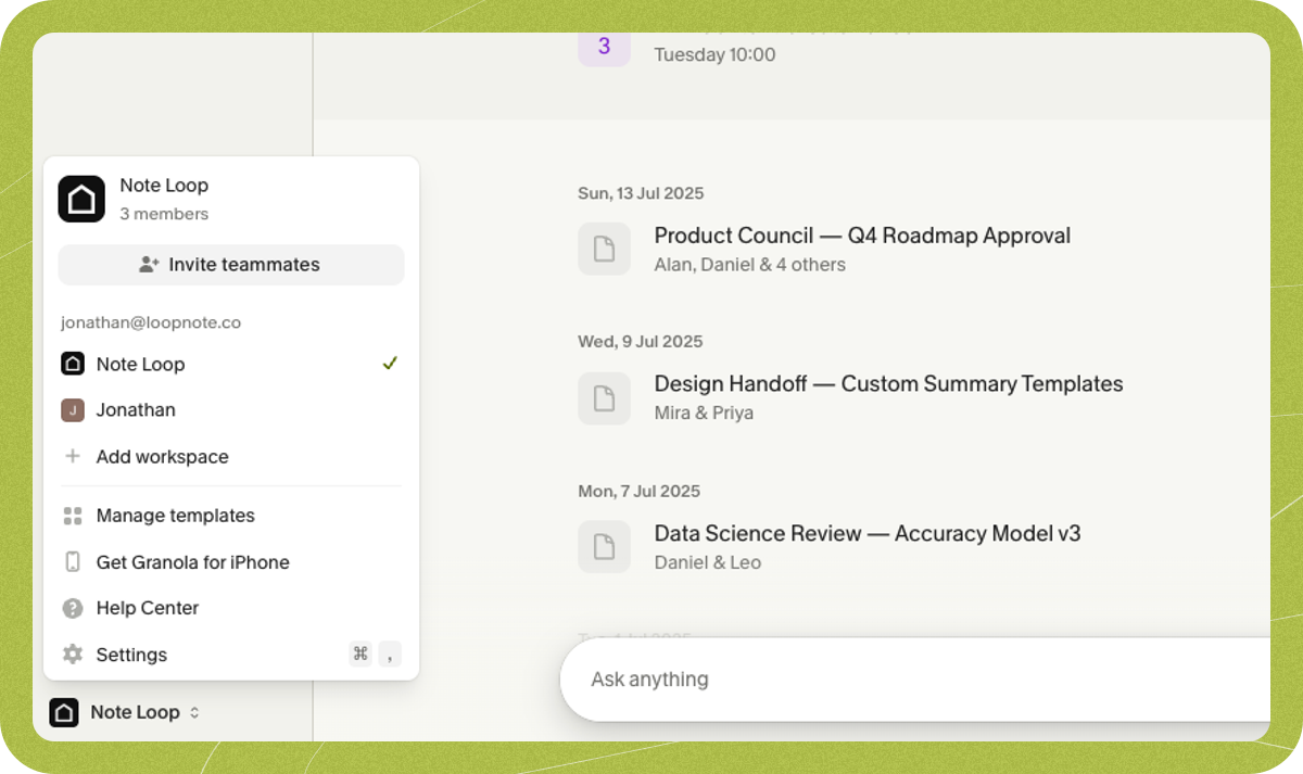 Workspace menu