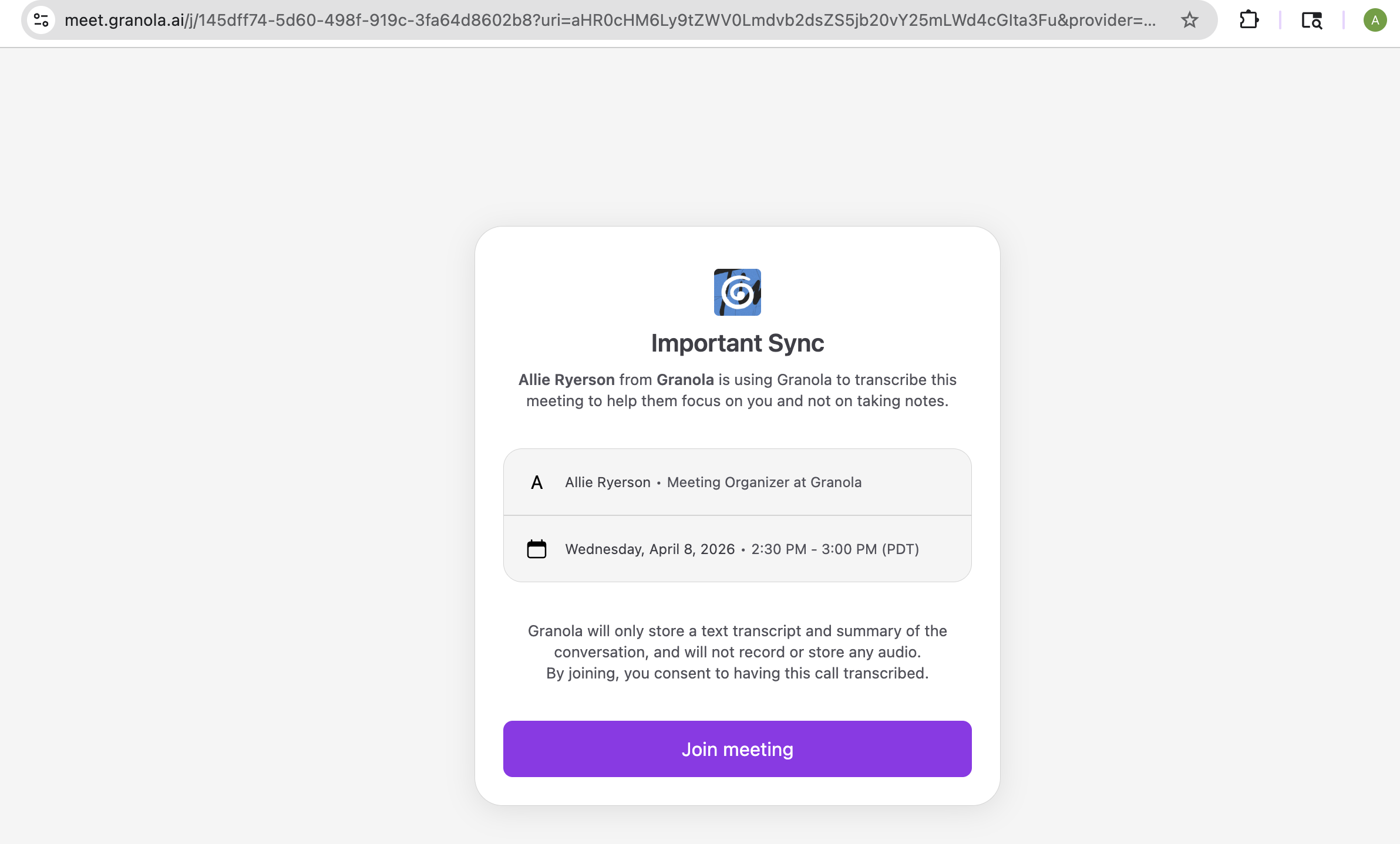 An example confirmation page, showing Test meeting with some meeting details and a Join meeting link.