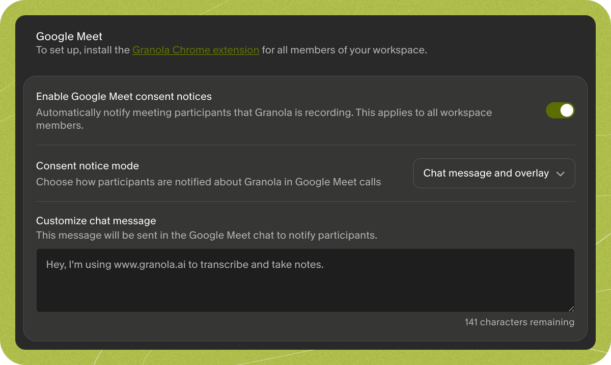 In-meeting notice settings page showing Google Meet consent options
